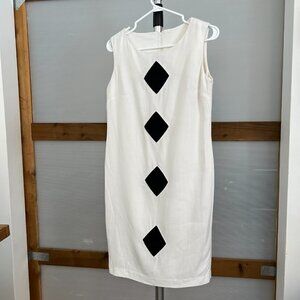 VTG Donna White Linen Black Diamond Geometric Sleeveless Shift‎ Midi Dress Sz 8